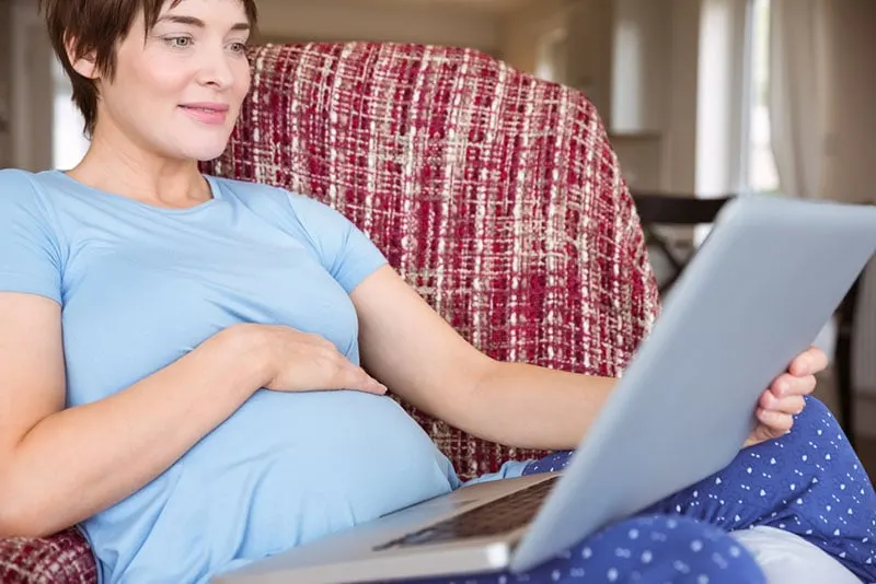lächelnde schwangere Frau, die Laptop auf der Couch betrachtet