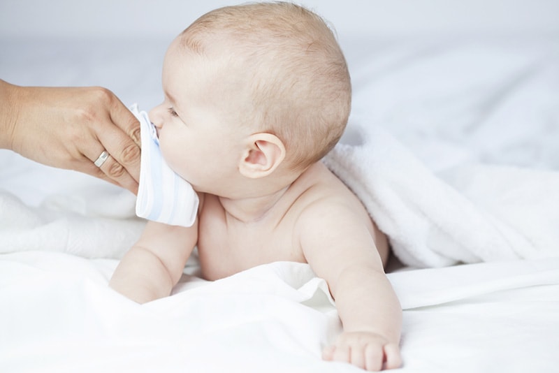 Mutter putzt Baby laufende Nase mit Taschentuch