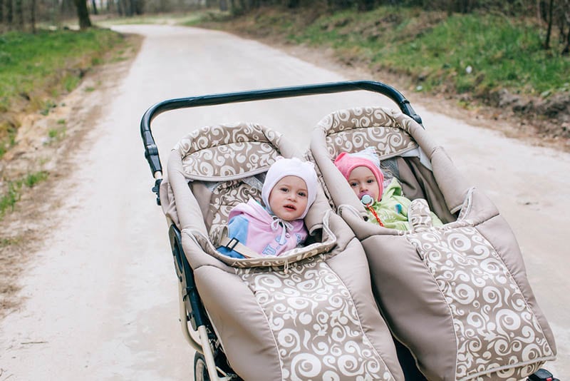niedlichen Baby Schwestern in einem Doppel-Kinderwagen mit Kinderwagen Decke im Wald bedeckt
