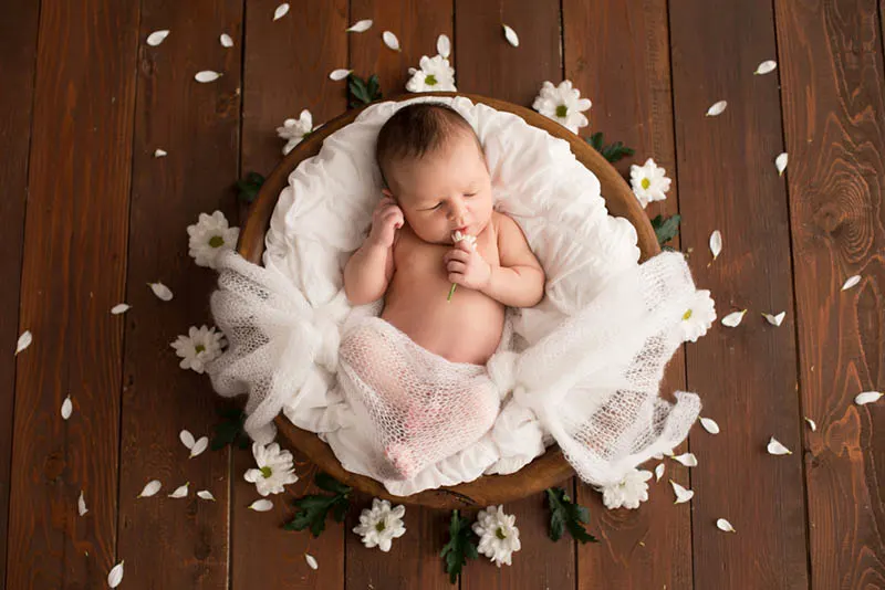 schönes Baby Mädchen mit Gänseblümchen Blumen auf dem Fotoshooting
