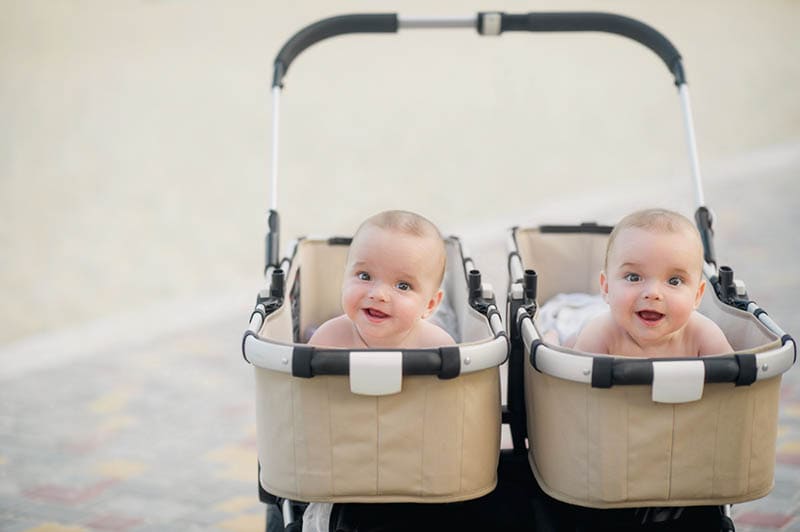 süße Zwillingsbabys schauen von den Zwillingskinderwagen im Freien auf