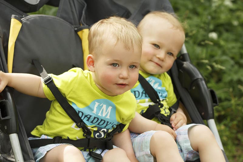 zwei kleine Brüder in der gleichen Kleidung in einem Zwillingskinderwagen im Park