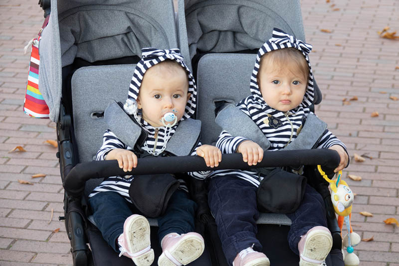 zwei süße Babys sitzen in den Zwillings-Trollern draußen im Park