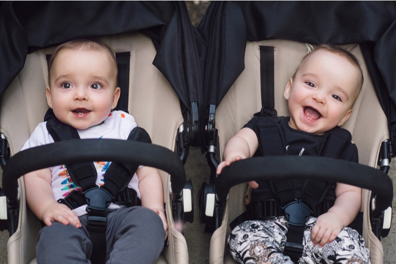 Entzückende Zwillingsbabys, die im Kinderwagen sitzen