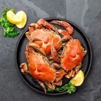 Gekochte Krabben auf schwarzem Teller, serviert mit Zitronen
