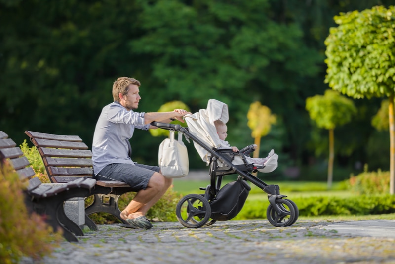 Vater und Kind im Kinderwagen im Park