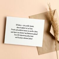 Umschlag und Karte mit liebevollen Wünschen zum 18. Geburtstag und zum Erwachsenwerden