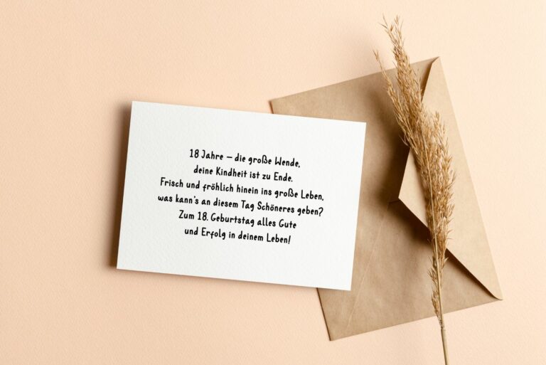 Umschlag und Karte mit liebevollen Wünschen zum 18. Geburtstag und zum Erwachsenwerden