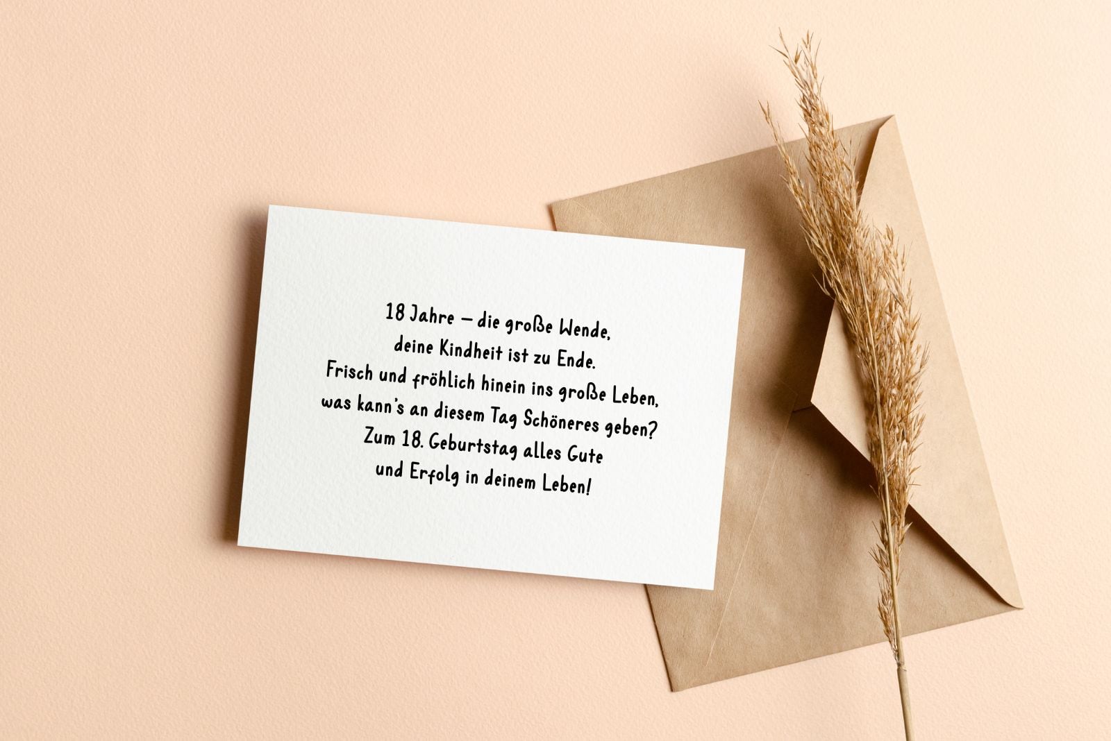 Umschlag und Karte mit liebevollen Wünschen zum 18. Geburtstag und zum Erwachsenwerden