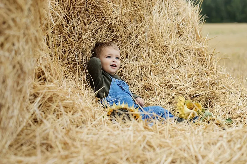 kleiner Junge sitzt auf dem Stroh und lächelt
