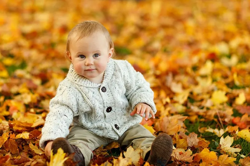 süßes Baby im Pullover sitzt auf getrockneten Blättern