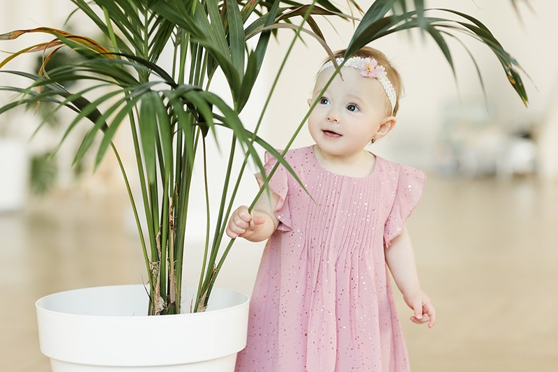 Babymädchen im rosafarbenen Kleid, das nahe der Palme im Haus steht