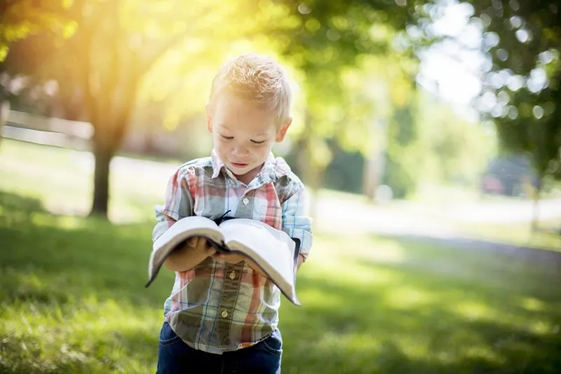 kleiner Junge, der eine offene Bibel im Park hält