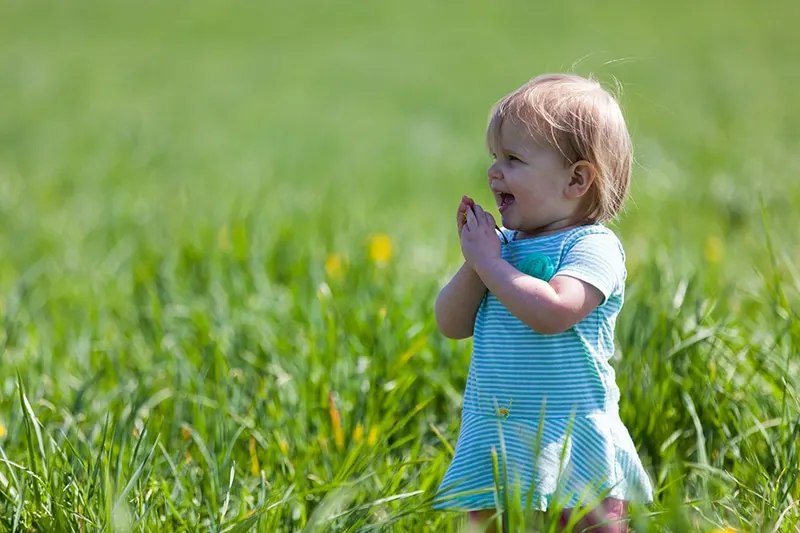 kleines Mädchen im blauen Kleid steht im Gras