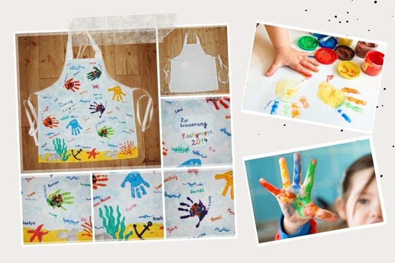 Herstellung einer bunten Schürze mit gemalten Spuren der Kinder
