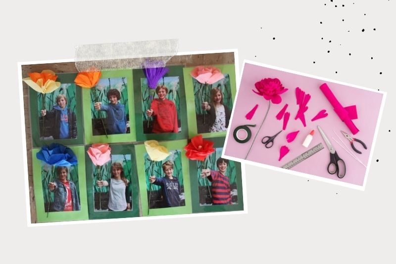 Symbolisches Geschenk einer Fotomontage von Kindern mit Blumen
