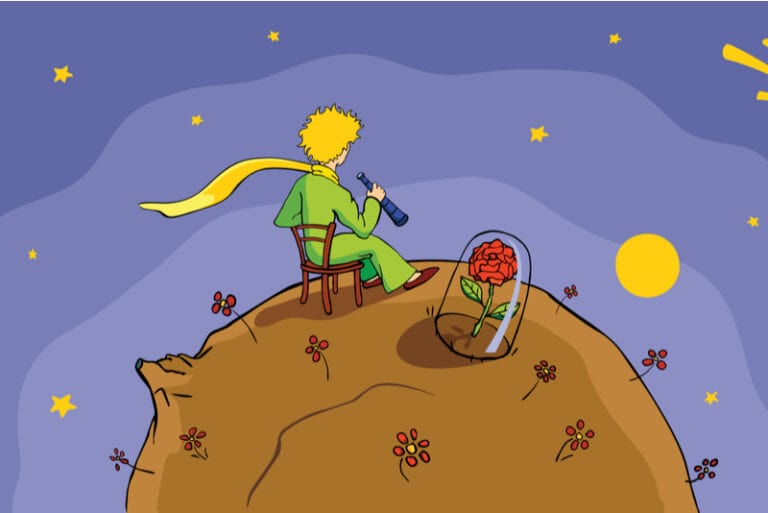 Der kleine Prinz und seine Rose auf dem Planeten