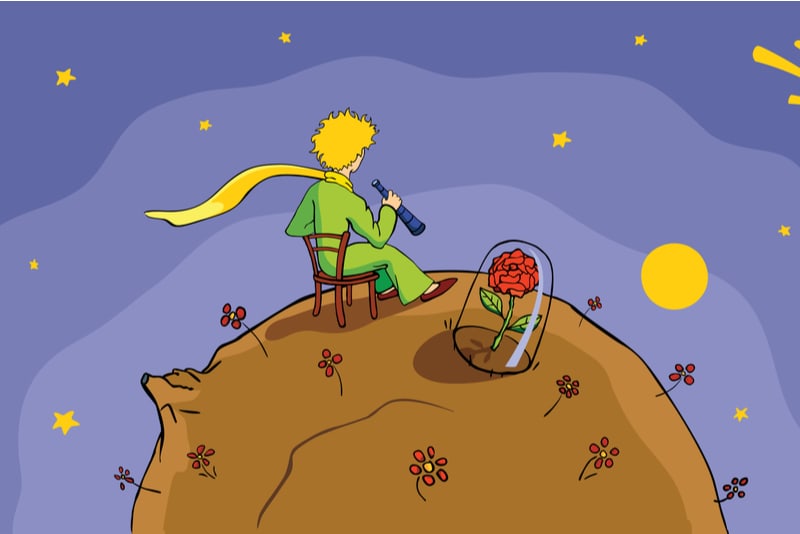 Der kleine Prinz und seine Rose auf dem Planeten