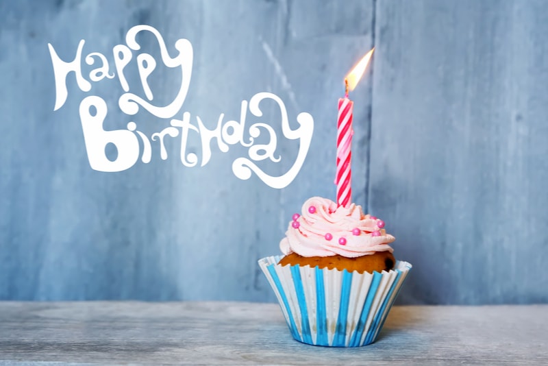 Muffin mit Kerze und einem Schild Happy Birthday