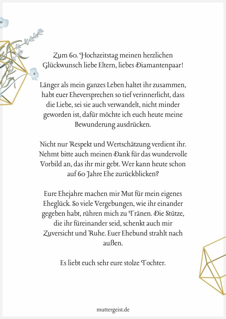 Glückwünsche zur diamantenen Hochzeit zum Ausdrucken kostenlos