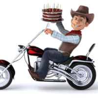 lustiger cowboy auf dem motorrad mit kuchen