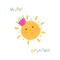 Alles Gute zum Geburtstagskarte mit niedlicher Cartoon-Sonnenillustration und buntem Text