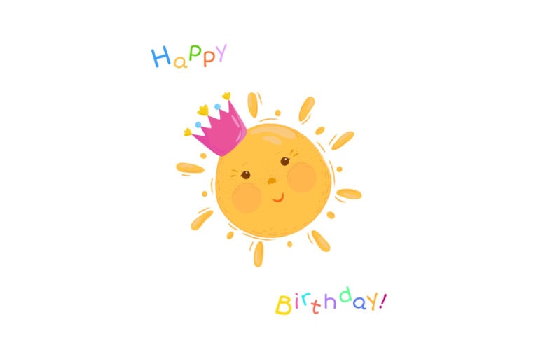 Alles Gute zum Geburtstagskarte mit niedlicher Cartoon-Sonnenillustration und buntem Text
