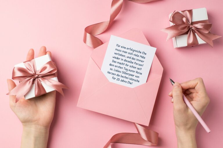 Frau hält ein Geschenk und eine handgeschriebene Karte mit einem Wunsch zur Silberhochzeit