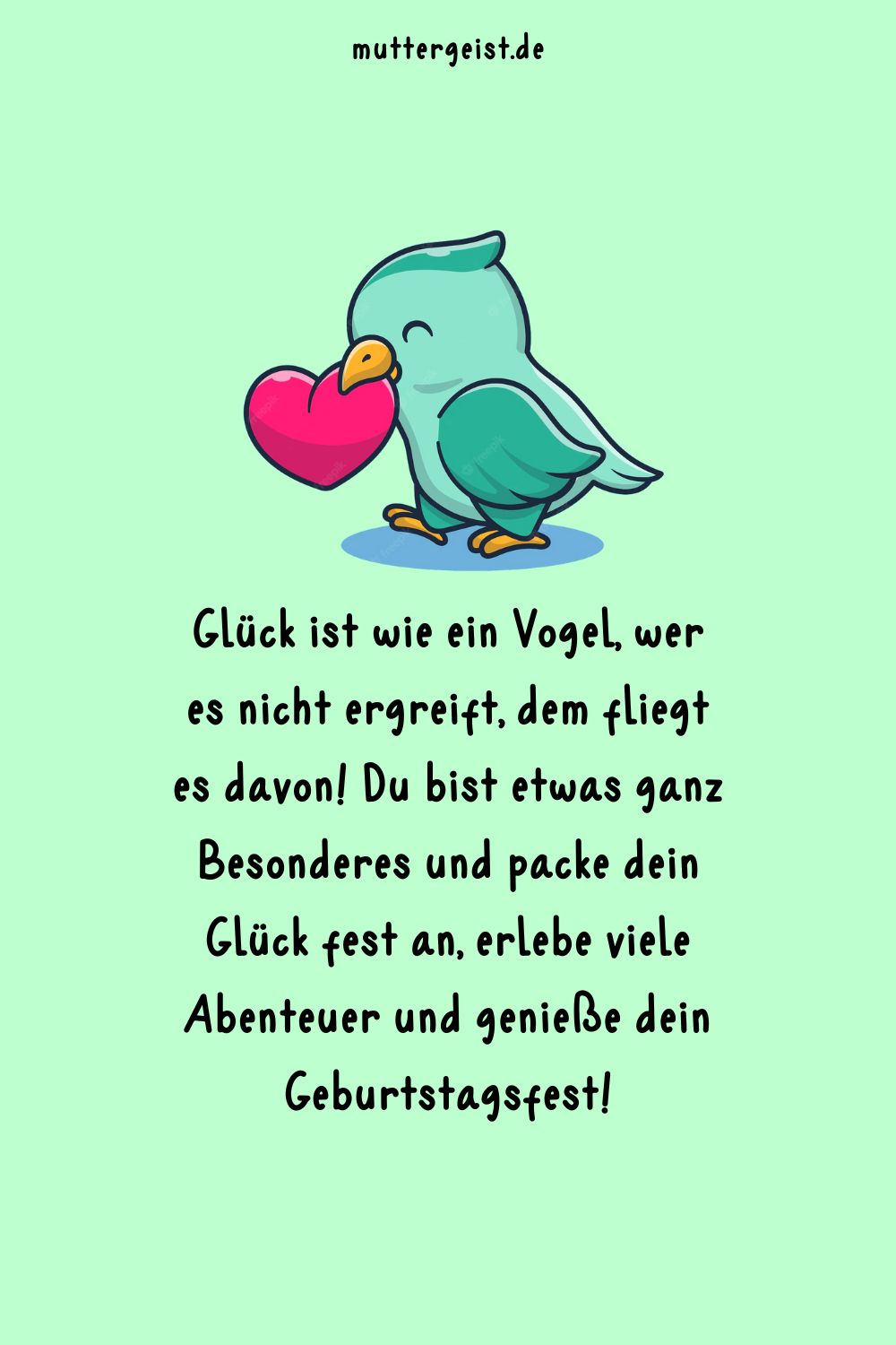 Happy Birthday Text illustriert mit einem Vogel und einem Herz