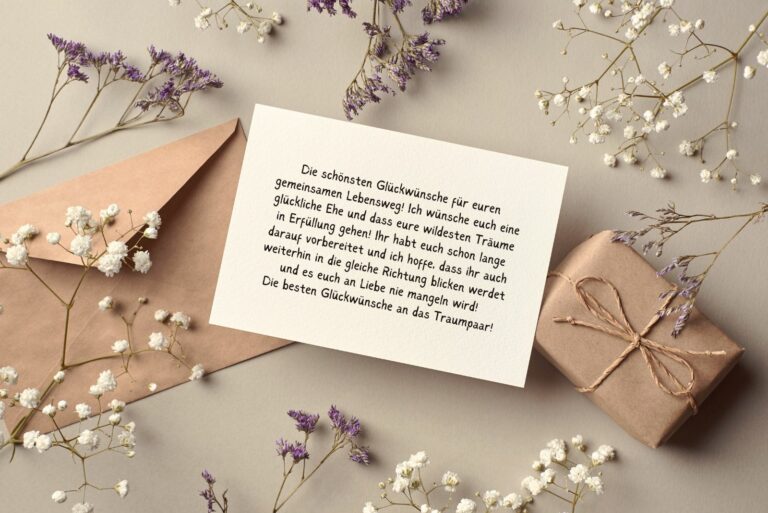 Hochzeitsgeschenk, Umschlag und eine Karte mit handschriftlichen Glückwünschen zur Hochzeit nach einer langen Beziehung