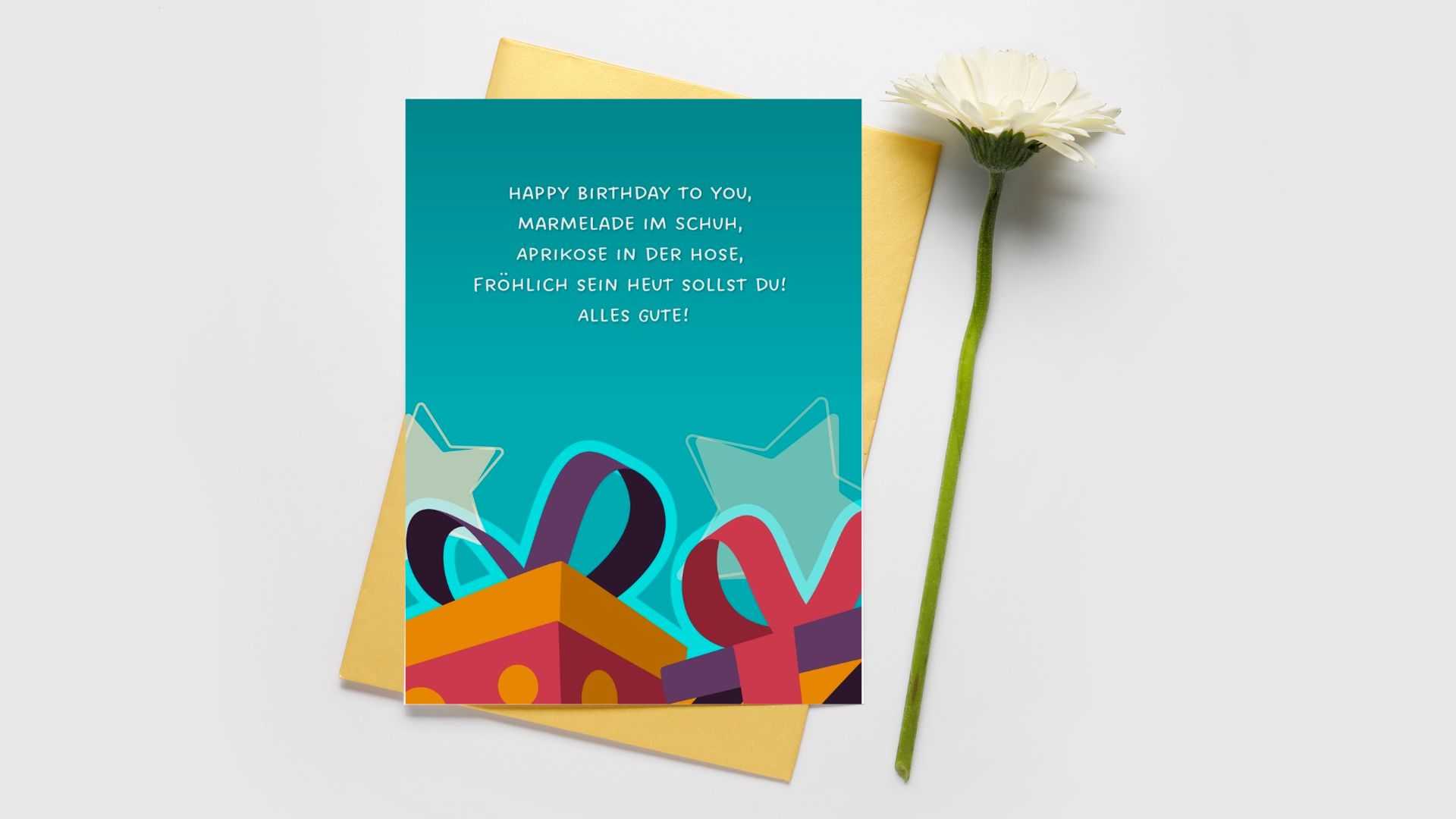 Umschlag und eine Karte mit einem herzlichen Geburtstagswunsch für ein Kind