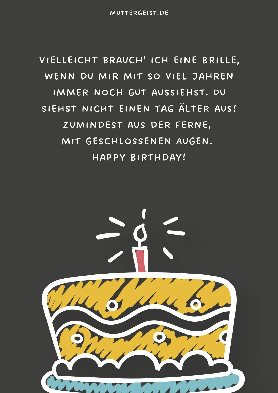 Geburtstagskarte mit Zeichnung eines Tortes und einem lustigen Wunsch