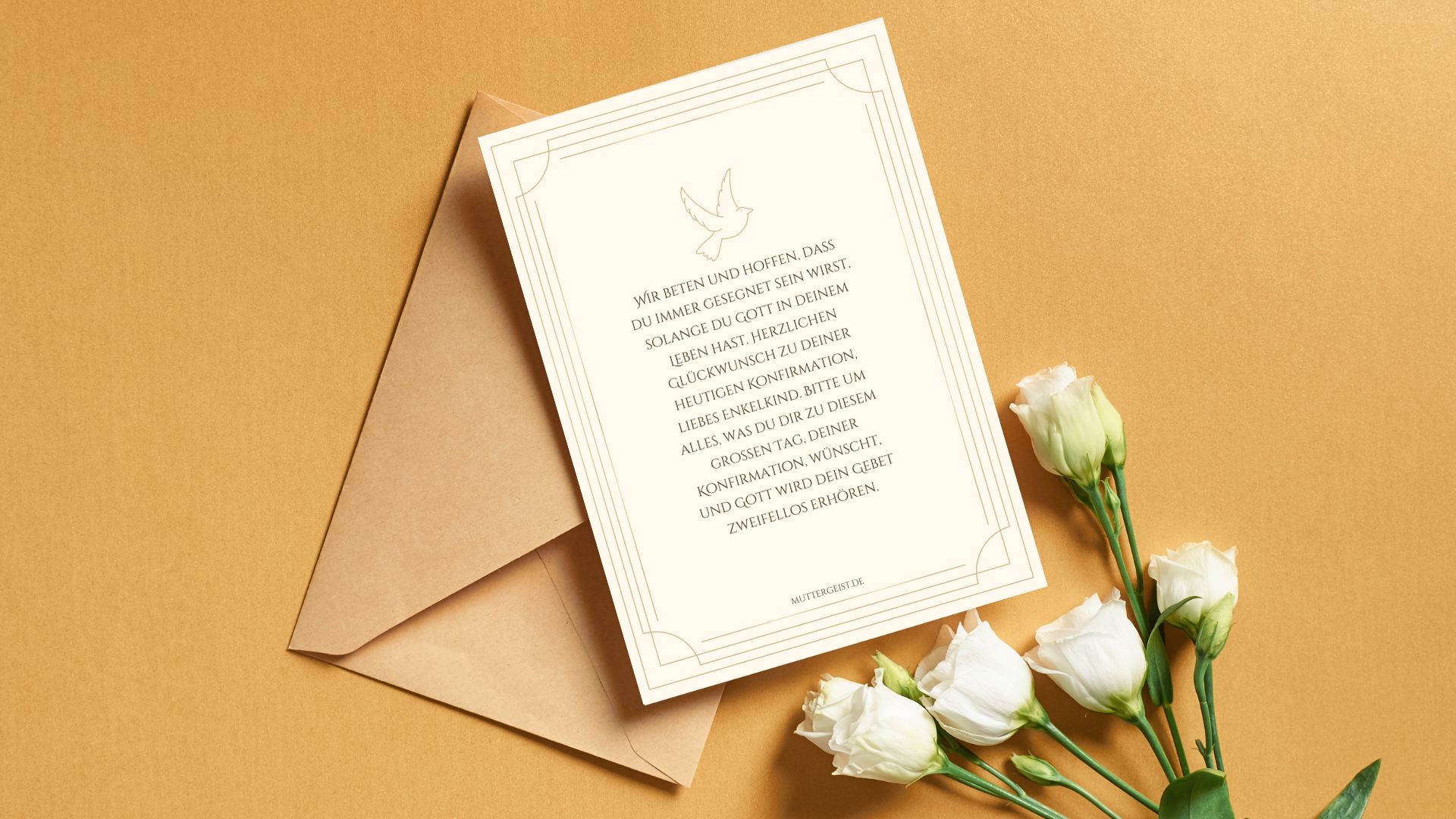 Blumen, Umschlag und eine Karte mit einem liebevollen Wunsch zur Konfirmation von den Großeltern