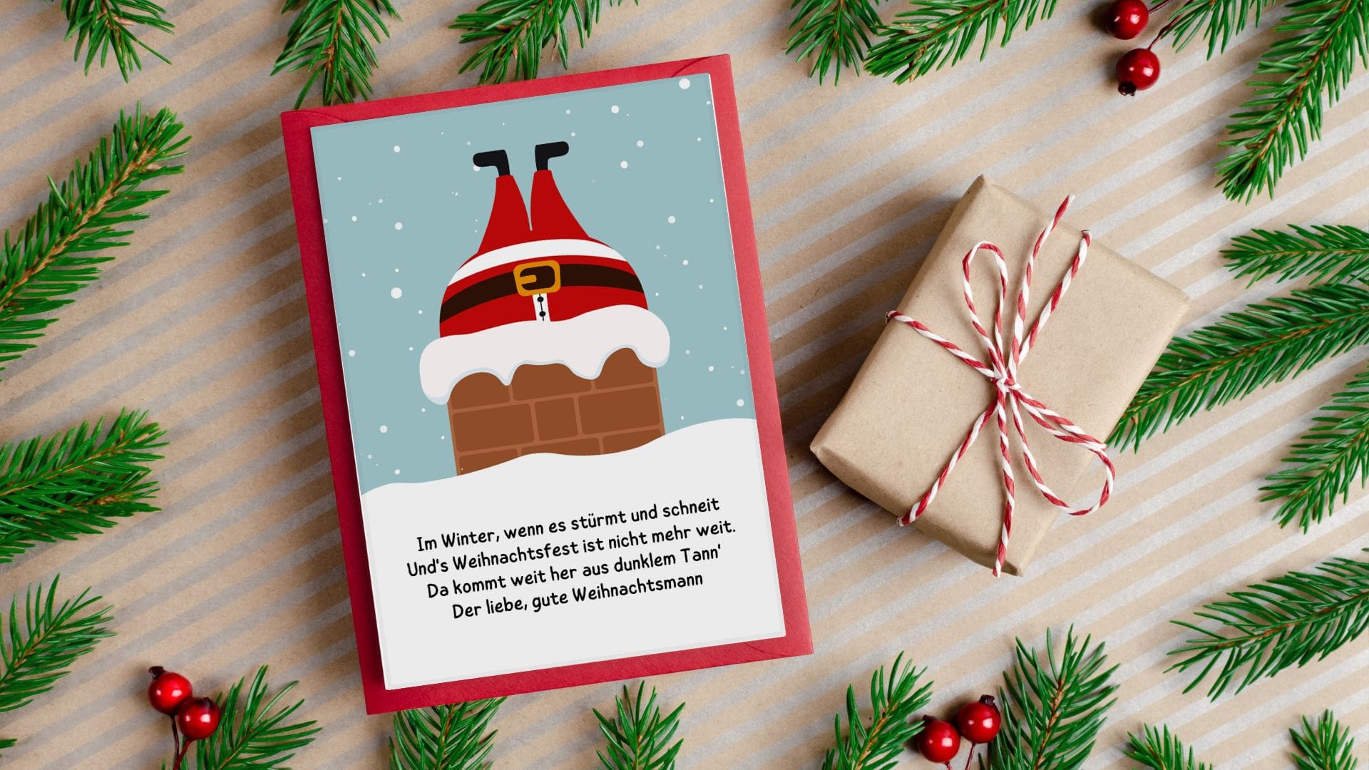 Geschenk und eine Weihnachtskarte mit schönen Wünschen für ein Kind